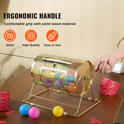 VEVOR Raffle Drum,Holds 2500 Tickets or 100 Ping Pong Balls, Metal Lottery Spinning Drawing with Wooden Turning Handle,11.6 x Ø7.48 inch Brass Plated Raffle Ticket Spinning Cage, for Bingo Ballot Pa