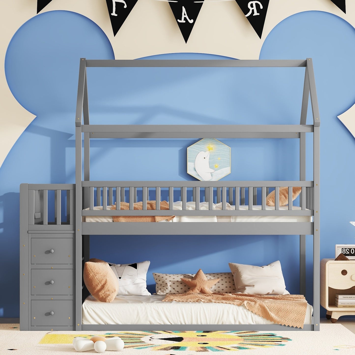 TWIN/TWIN HOUSE BUNK BED WITH SHELVES AND DRAWERS FOR GREY COLOR