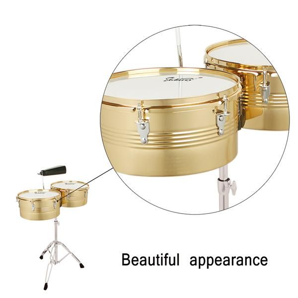 [Do Not Sell on Amazon]Glarry 13" & 14" Timbales Drum Set with Stand and Cowbell Golden