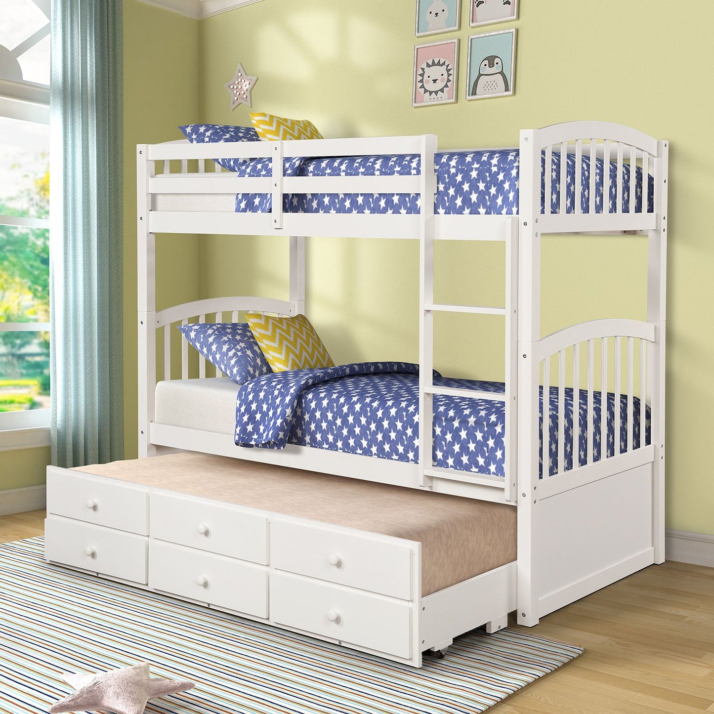 Twin Bunk Bed with Ladder, Safety Rail, Twin Trundle Bed with 3 Drawers for Teens Bedroom, Guest Room Furniture(White)(OLD SKU :LP000071AAK)