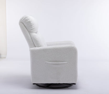 022-Teddy Fabric Swivel Rocking Chair Gilder Chair With Pocket,White