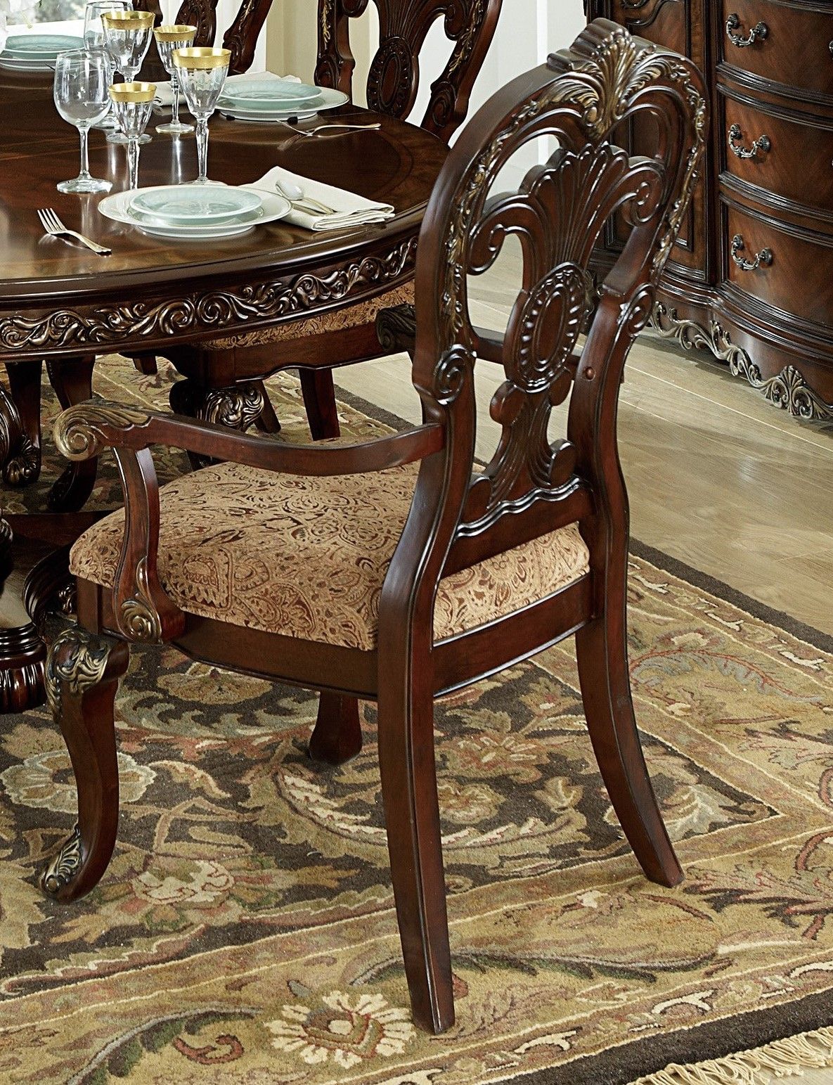 Traditional Formal Armchairs Set of 2 Cherry Finish with Gold Tipping Fabric Upholstery Wooden Dining Room Furniture