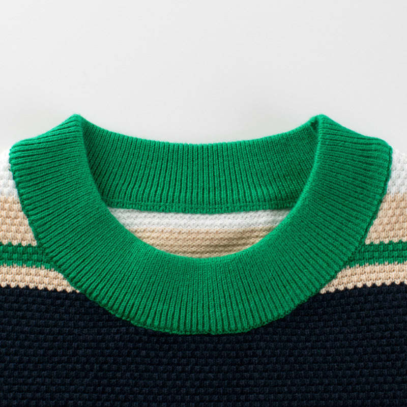 Children Green Striped Graphic Korean Style Pullover Knitwear Sweater