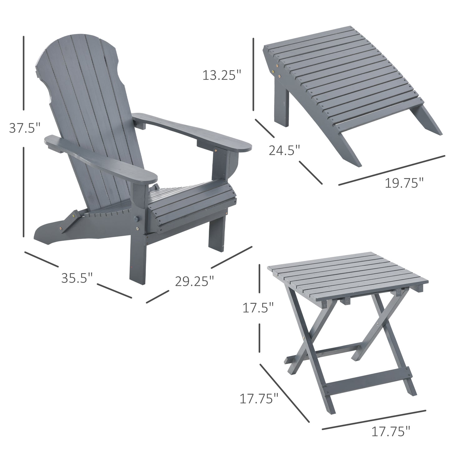 3-Piece Folding Adirondack Chair with Ottoman and Side Table, Outdoor Wooden Fire Pit Chairs w/ High-back, Wide Armrests for Patio, Backyard, Garden, Lawn Furniture, Gray