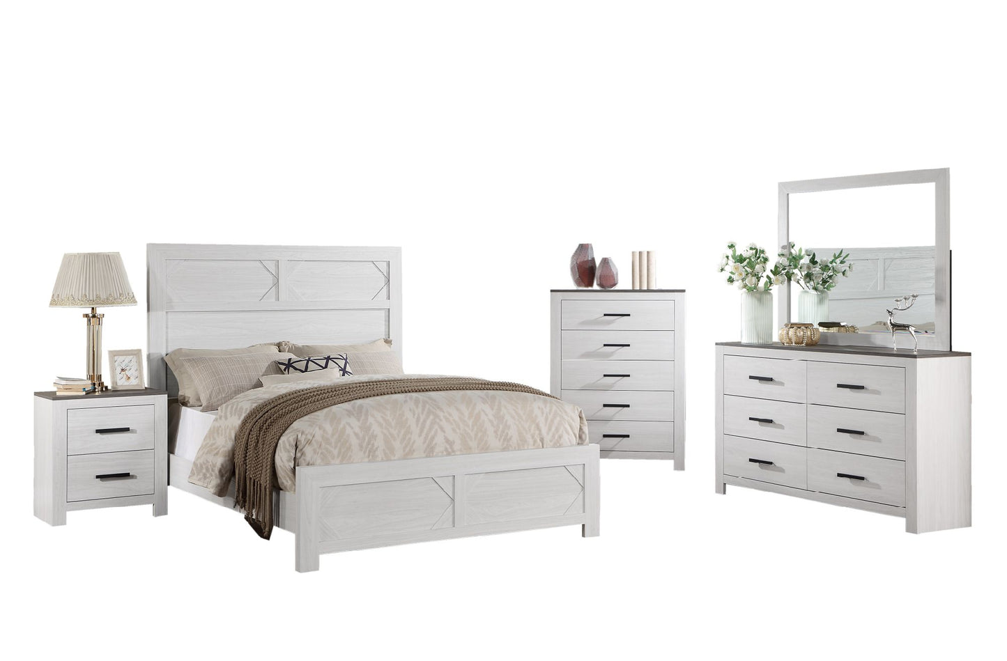 White Color 1pc Queen Size Bed High Headboard MDF Particle Board Bedroom Furniture Bedframe Unique Panel Design