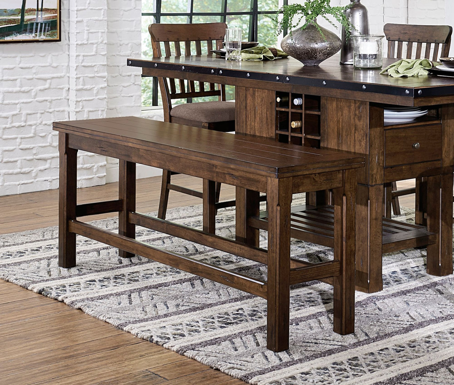 Dark Brown Wooden Finish 6pc Counter Height Table,4 Chairs, Bench + Wine Rack Dining Set