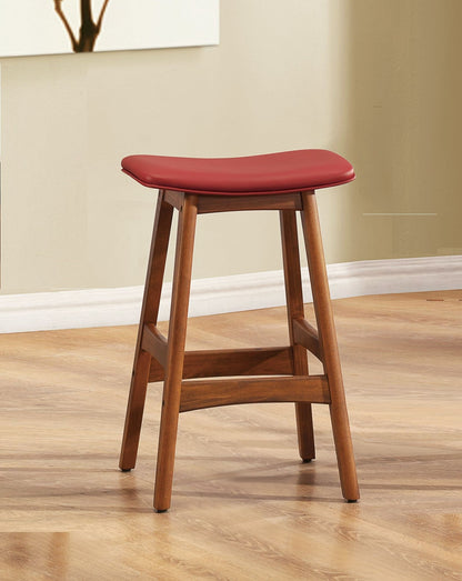 Solid Wood Walnut Finish Counter Height Stools Set of 2 Red Faux Leather Seat Mid-Century Modern Barstools Kitchen Dining Furniture