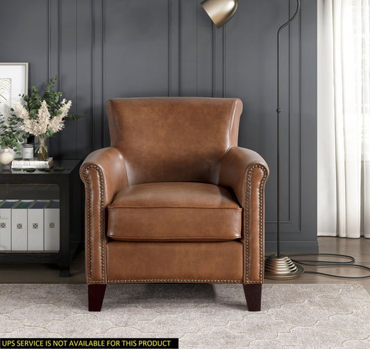 Traditional Brown Leather Accent Chair 1pc Solid Wood Frame Top-Grain Leather Nailhead Trim Classic Modern Living Room Furniture