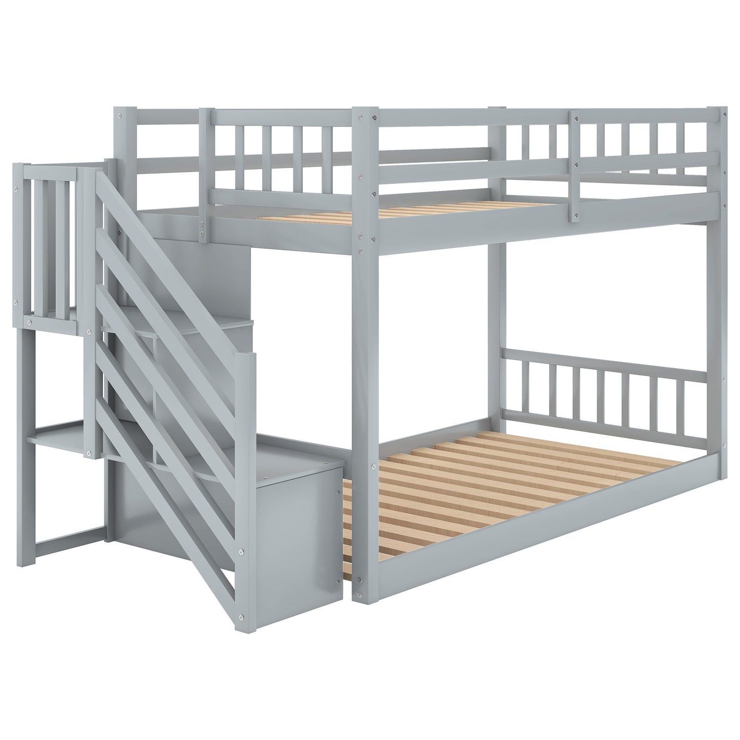 Twin over Twin Floor Bunk Bed, Ladder with Storage, Gray