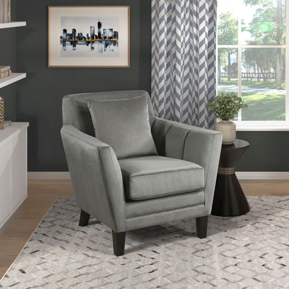 Stylish Home Accent Chair Gray Velvet Upholstery Matching Pillow Solid Wood Furniture Living Room 1pc