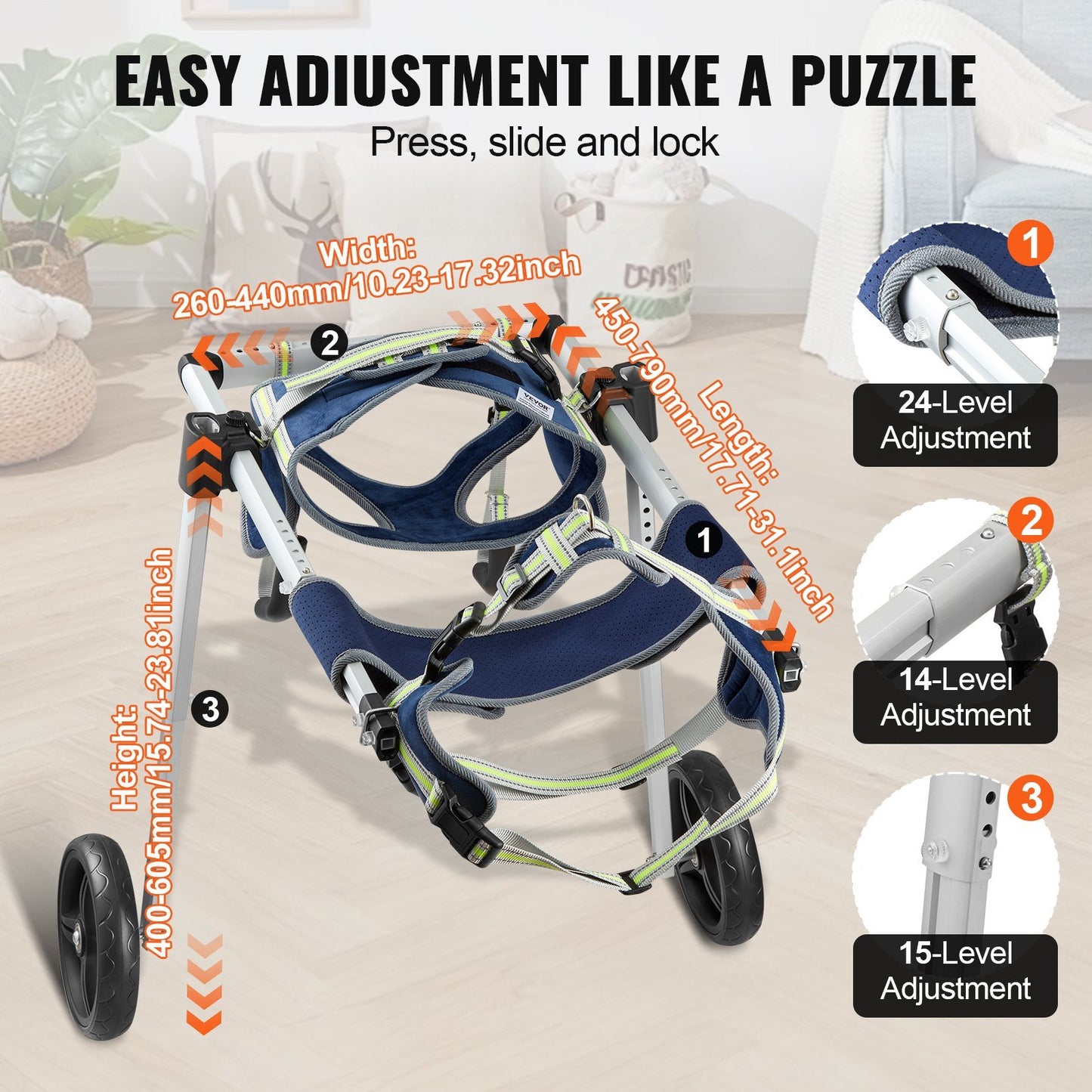 VEVOR 2 Wheels Dog Wheelchair for Back Legs, Pet Wheelchair Lightweight & Adjustable Assisting in Healing, Dog Cart/Wheelchair for Injured, Disabled, Paralysis, Hind Limb Weak Pet(L)