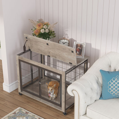 Furniture Style Dog Crate Side Table on Wheels with Double Doors and Lift Top.Grey,38.58''w x 25.5''d x 27.36''h.