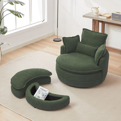 38" Modern Accent Round Swivel Barrel Oversized Chair with Moon Storage Ottoman with 4 Pillows in Green Corduroy