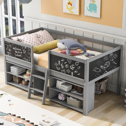 Twin Size Low Loft Bed with Two Movable Shelves and Ladder,with Decorative Guardrail Chalkboard,Gray(Old SKU: WF283286AAE)