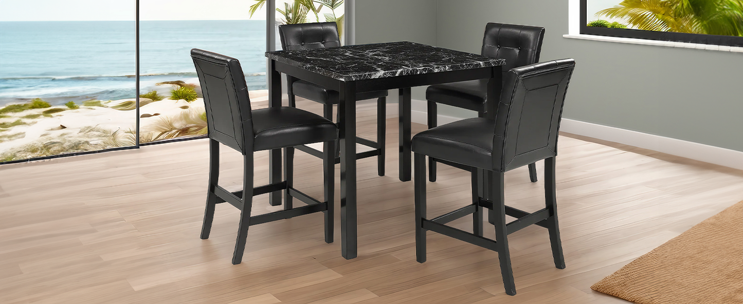 TOPMAX 5-Piece Kitchen Table Set Faux Marble Top Counter Height Dining Table Set with 4 PU Leather-Upholstered Chairs, Black