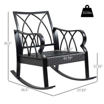 Outsunny Outdoor Wicker Rocking Chair with Padded Cushions, Aluminum Furniture Rattan Porch Rocker Chair w/ Armrest for Garden, Patio, and Backyard, Blue