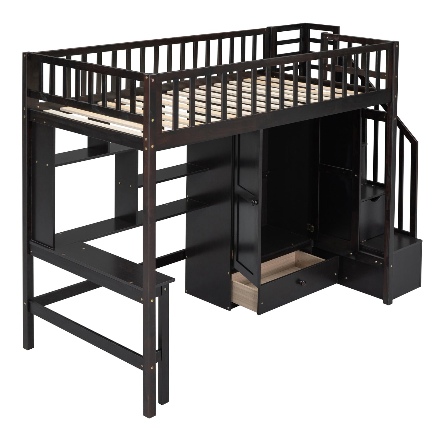 Twin size Loft Bed with Bookshelf,Drawers,Desk,and Wardrobe-Espresso