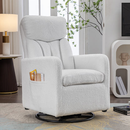 022-Teddy Fabric Swivel Rocking Chair Gilder Chair With Pocket,White