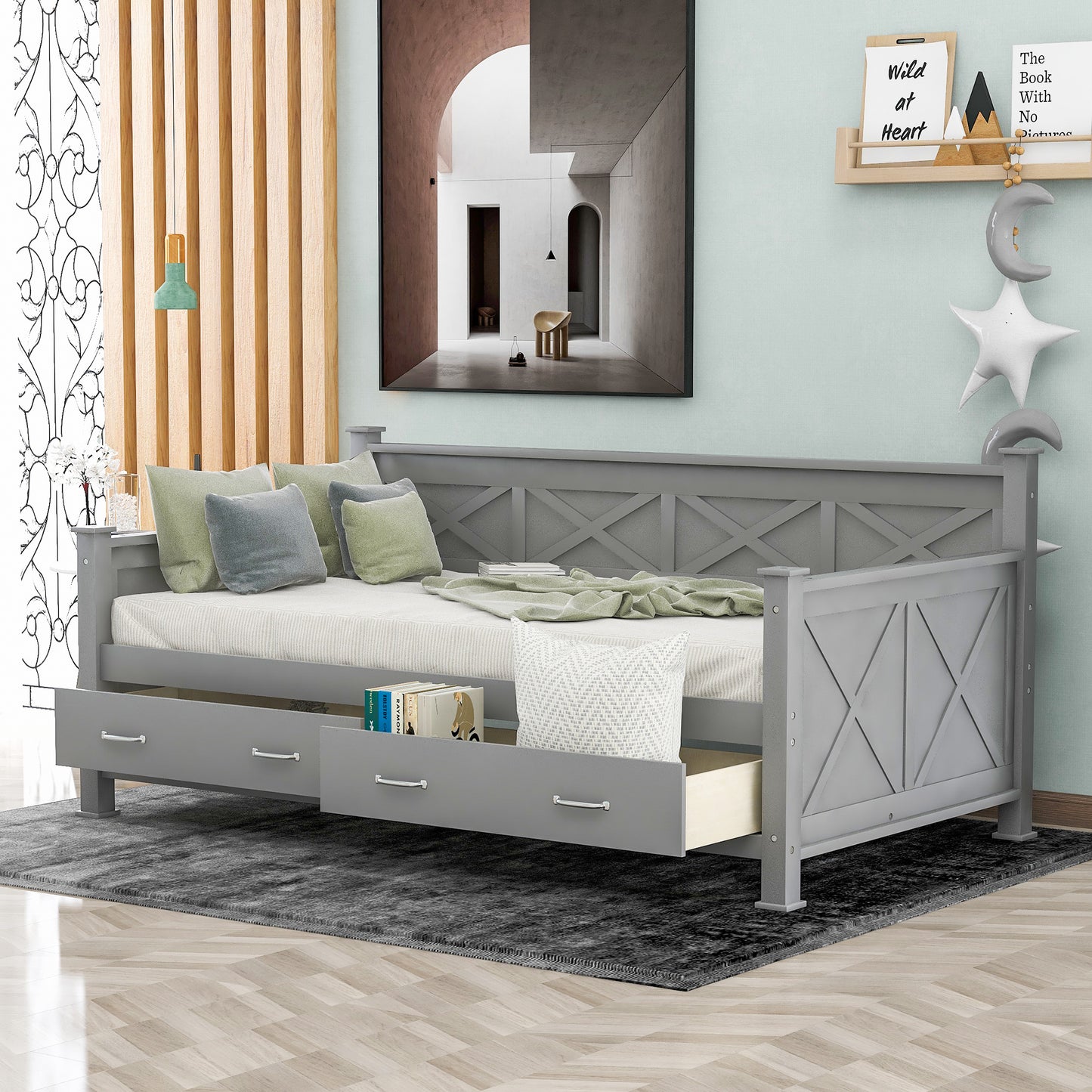 Twin Size Daybed with 2 Large Drawers, X-shaped Frame, Modern and Rustic Casual Style Daybed, Gray