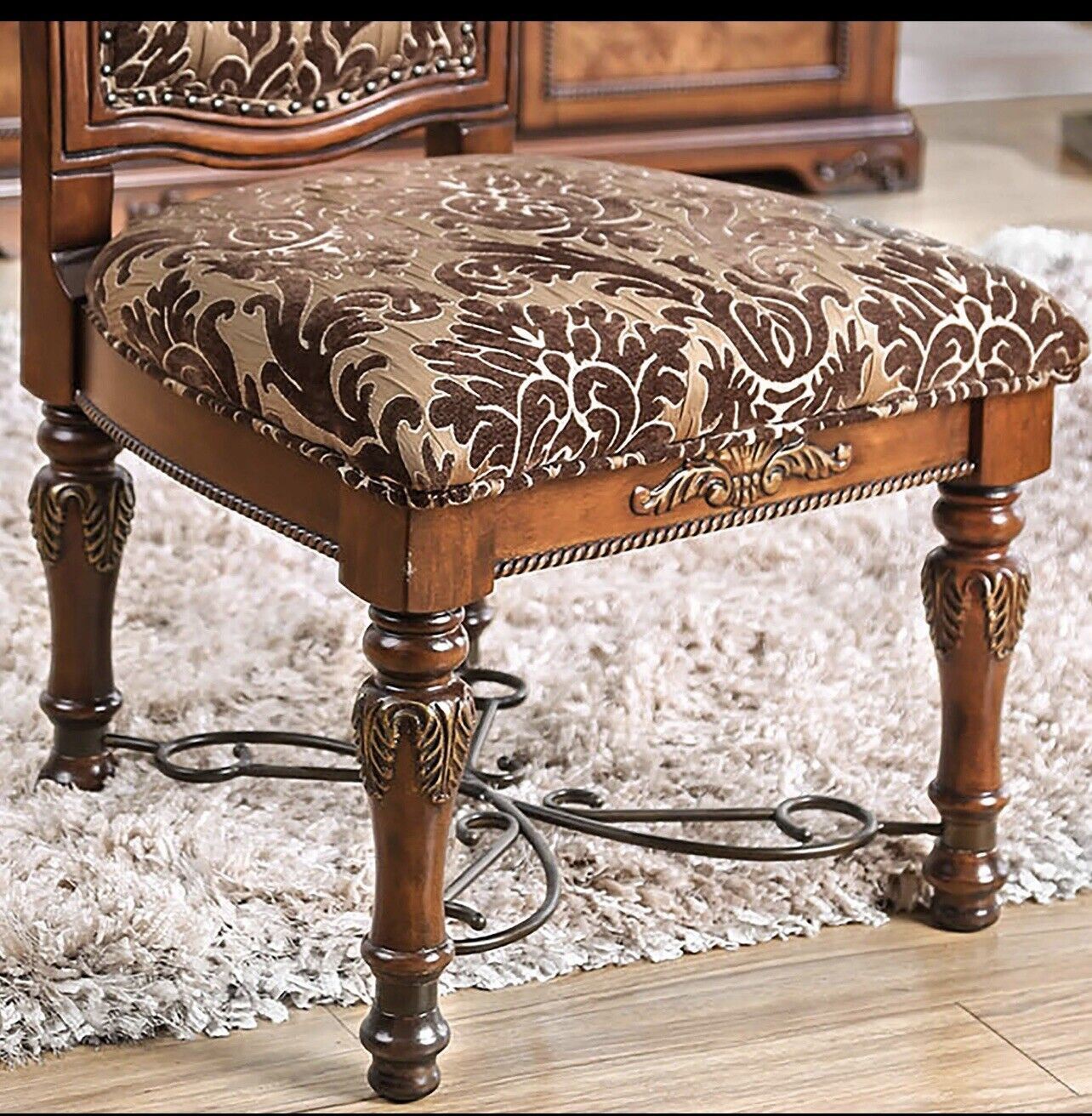 Traditional Fancy Set of 2pcs Side Chairs Brown Cherry Solid wood Intricate Carved Details Floral Design Print Fabric Seats Formal Dining Room Furniture