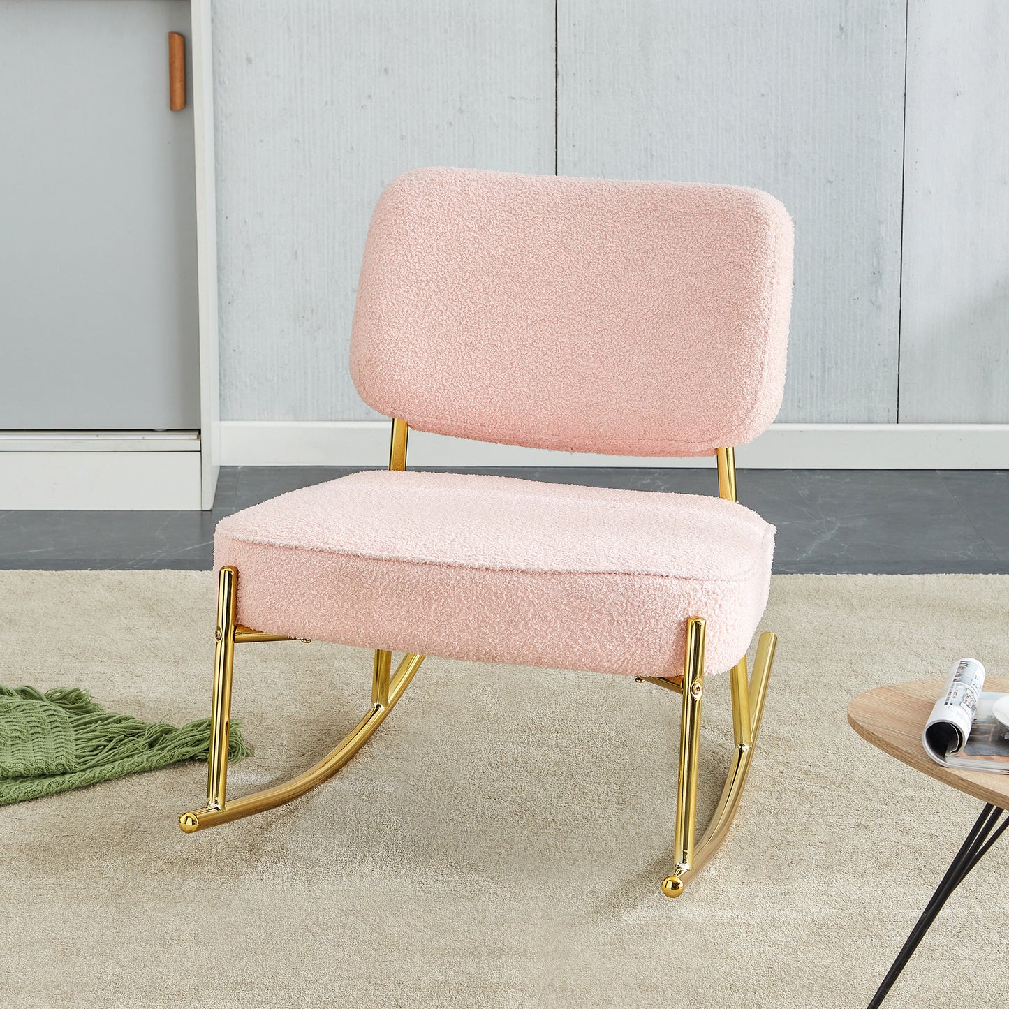 Teddy velvet material cushioned rocking chair, unique rocking chair, cushioned seat, pink backrest rocking chair, and golden metal legs. Comfortable side chairs in the living room, bedroom, and office