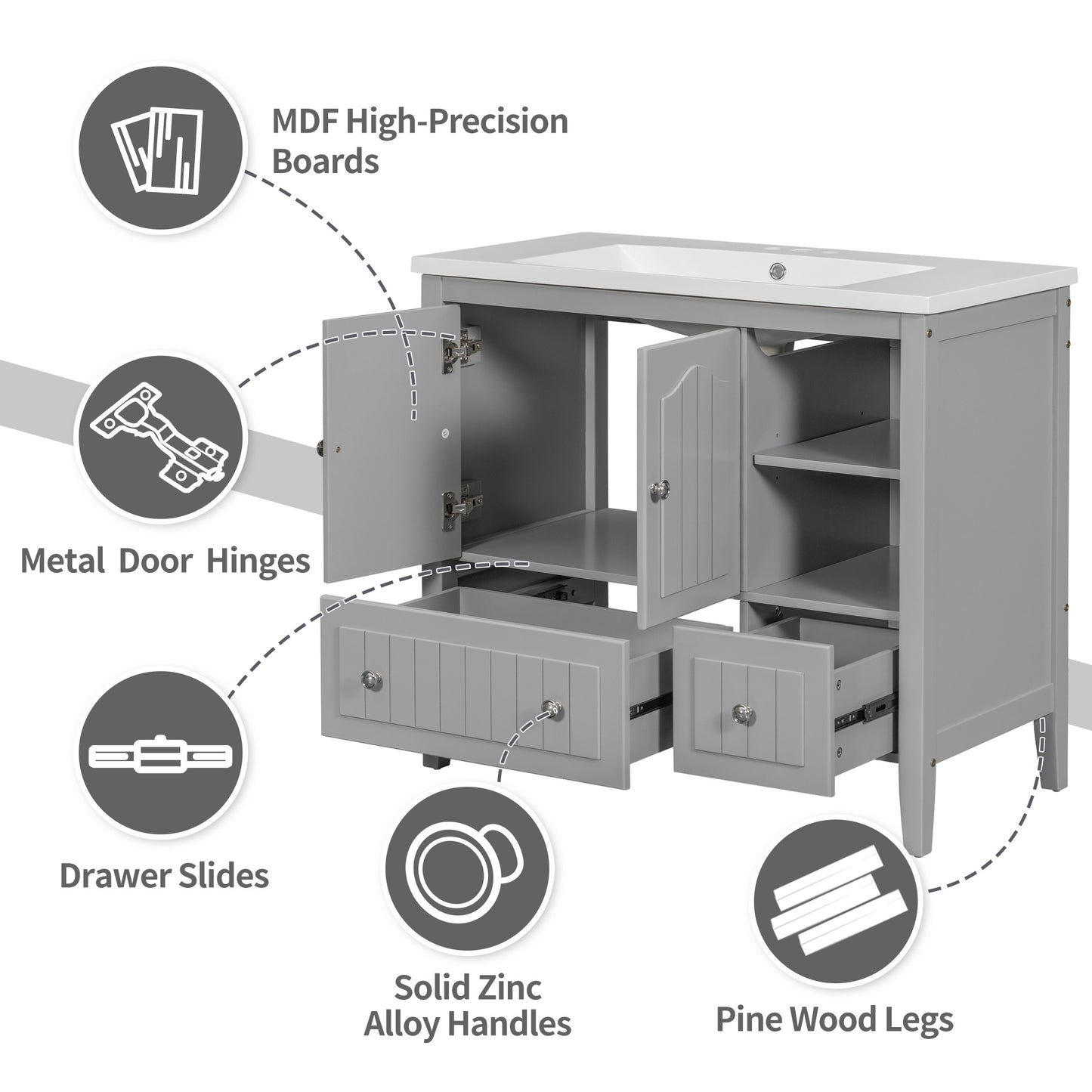 Bathroom Vanity with Ceramic Basin, Storage Cabinet, Two Doors and Drawers