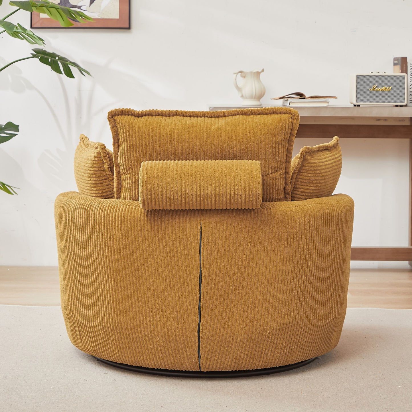 38" Modern Accent Round Swivel Barrel Oversized Chair with Moon Storage Ottoman & 4 Pillows in Yellow Corduroy