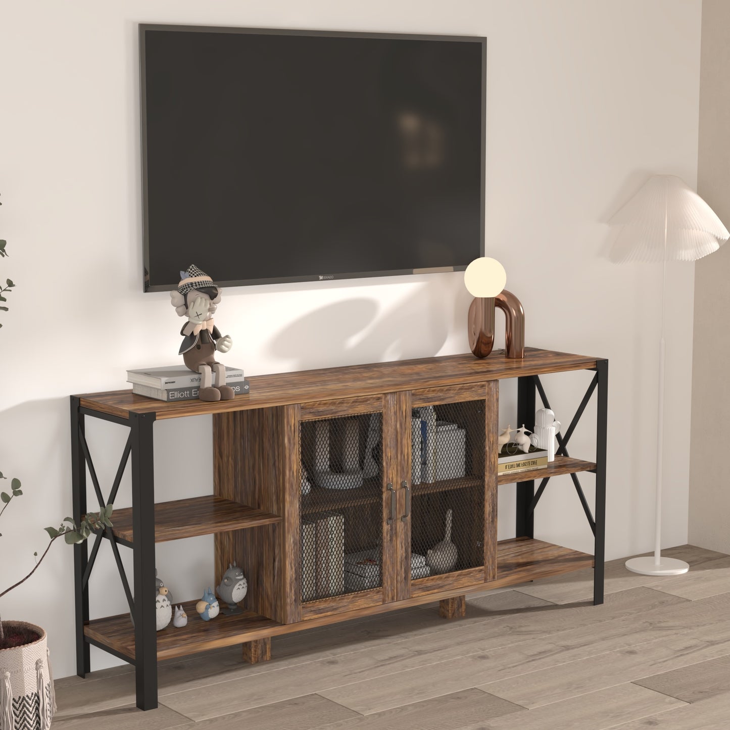 TV Stands for Living Room, Industrial TV Stand for Bedroom Furniture, Farmhouse TV Stand 80 Inch Television Stand , Modern Horizontal Wood and Metal Open Bookshelf