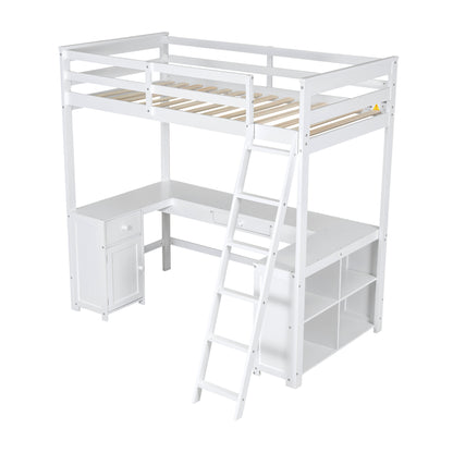 Twin Size Loft Bed with U-shaped Desk, Drawers and Storage Shelves, White