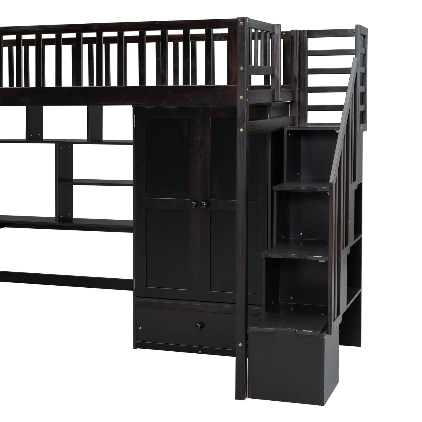 Twin size Loft Bed with Bookshelf,Drawers,Desk,and Wardrobe-Espresso