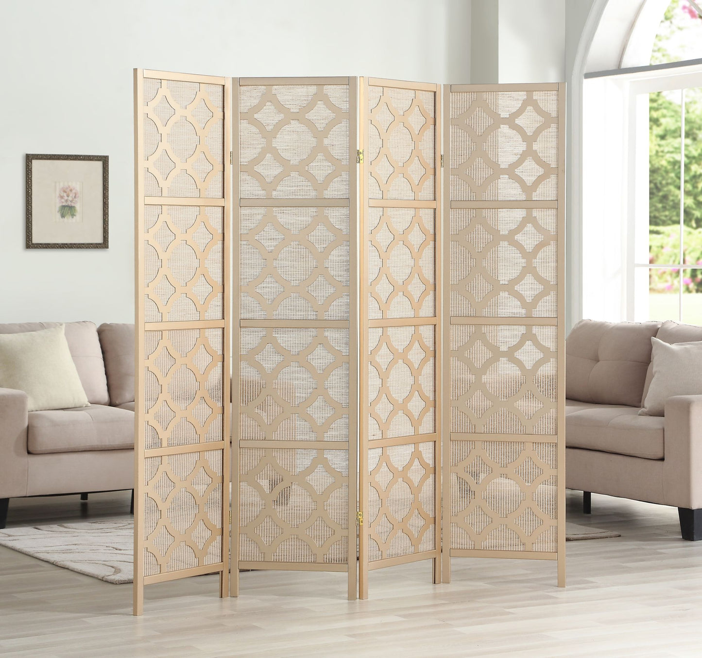 Quarterfoil infused Diamond Design 4-Panel Room Divider, Gold