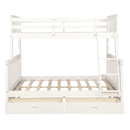 Twin Over Full Bunk Bed with Storage Drawers, Wooden Bunk Bed with Ladder and Safety Guard Rails –White