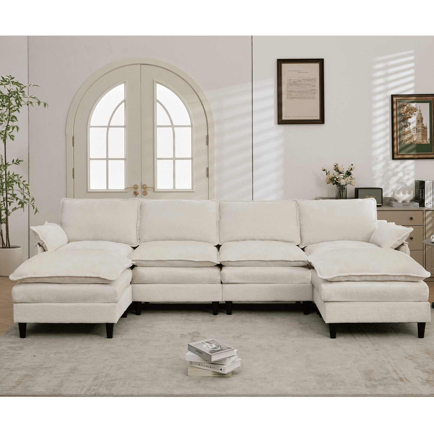 [NEW ARRIVED]Modular Sofa,U Shaped Cloud Couch Comfy Set ,6-Seater, 2 Armrest Pillows, Convertible Sectional Couch, Living Room,Apartment, Chenille(2 Movable Ottoman),Beige