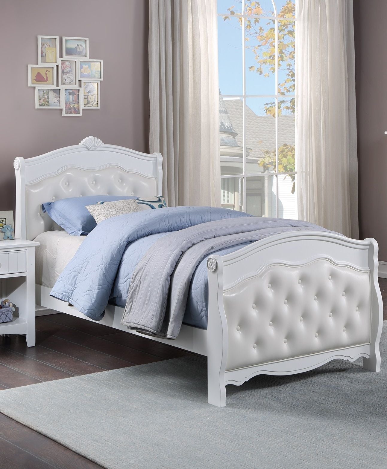 White Full Size Bed Youth Bedroom Furniture White Faux Leather Headboard Footboard Plywood 1pc Bedframe