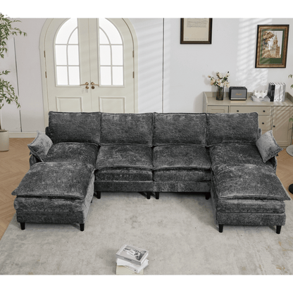 [NEW ARRIVED]Modular Sofa,U Shaped Cloud Couch Comfy Set ,6-Seater, 2 Armrest Pillows,Convertible Sectional Couch, Living Room,Apartment, Chenille(2 Movable Ottoman), Dark Gray