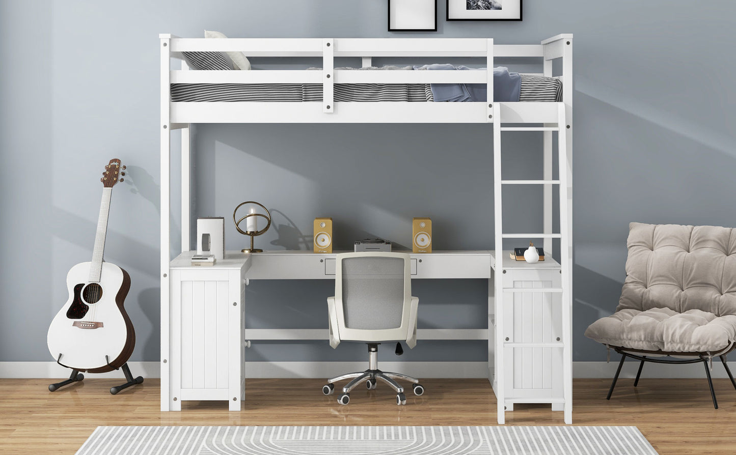 Twin Size Loft Bed with U-shaped Desk, Drawers and Storage Shelves, White