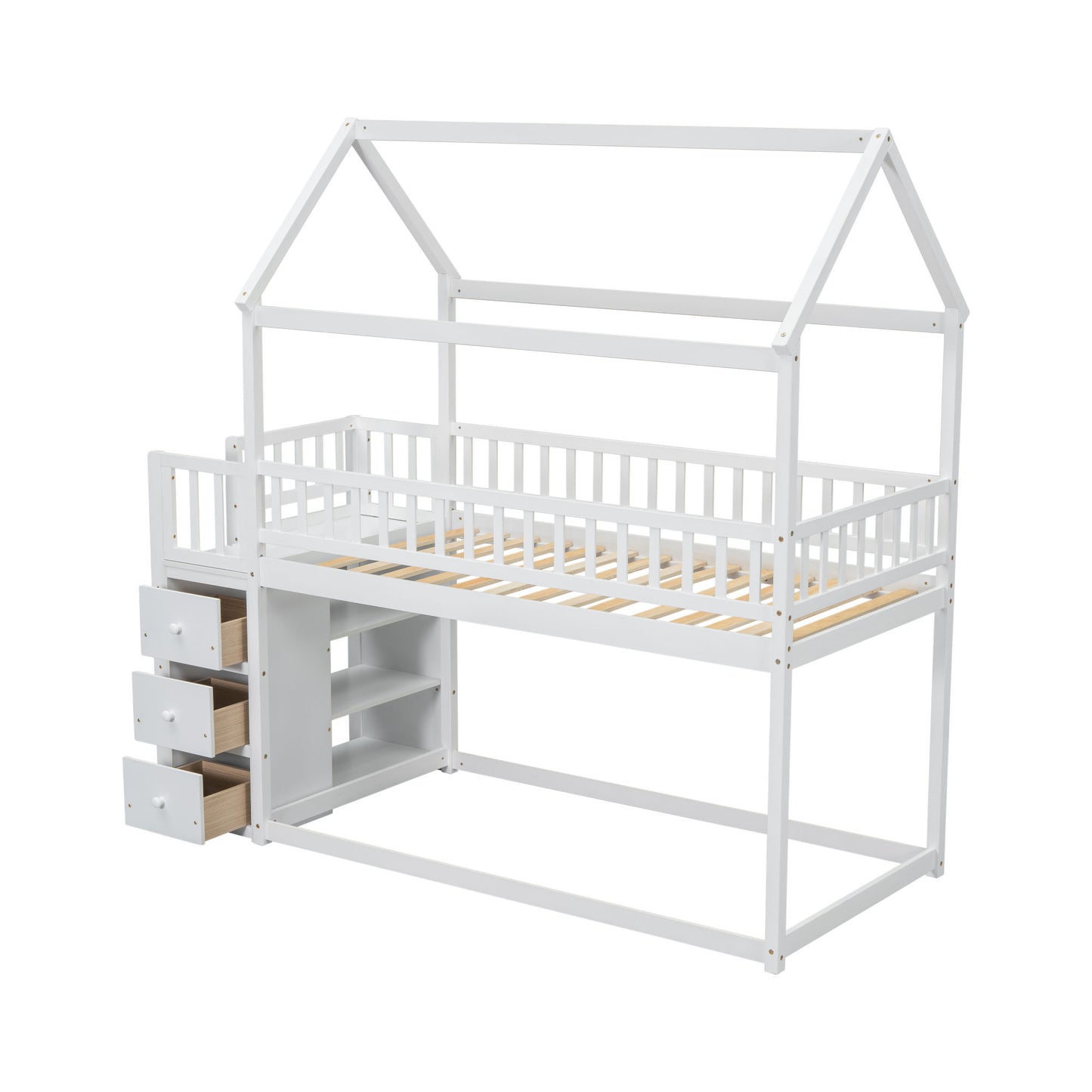 TWIN/TWIN HOUSE BUNK BED WITH SHELVES AND DRAWERS FOR WHITE COLOR