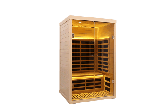 Two person wide space hemlock double doors great glass luxury indoor Far infrared sauna room