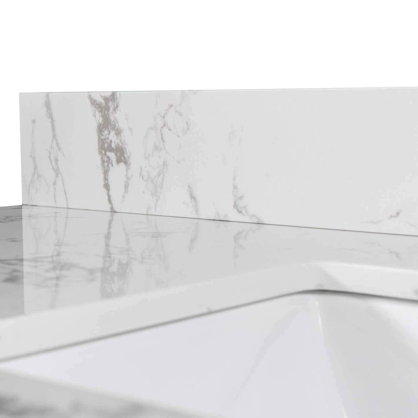 Montary 43x22 inch bathroom stone vanity top engineered stone carrara white marble color with rectangle undermount ceramic sink and single faucet hole with back splash .