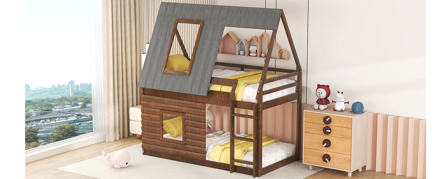 Wood Twin Size House Bunk Bed with Roof, Ladder and 2 Windows, Oak & Smoky Grey