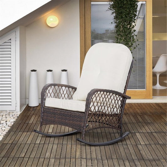 Brown Rattan Rocking Chair with White Cushion