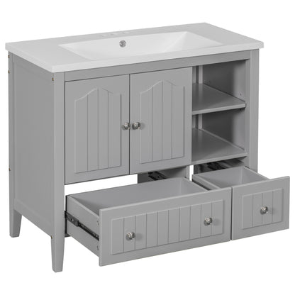 Bathroom Vanity with Ceramic Basin, Storage Cabinet, Two Doors and Drawers