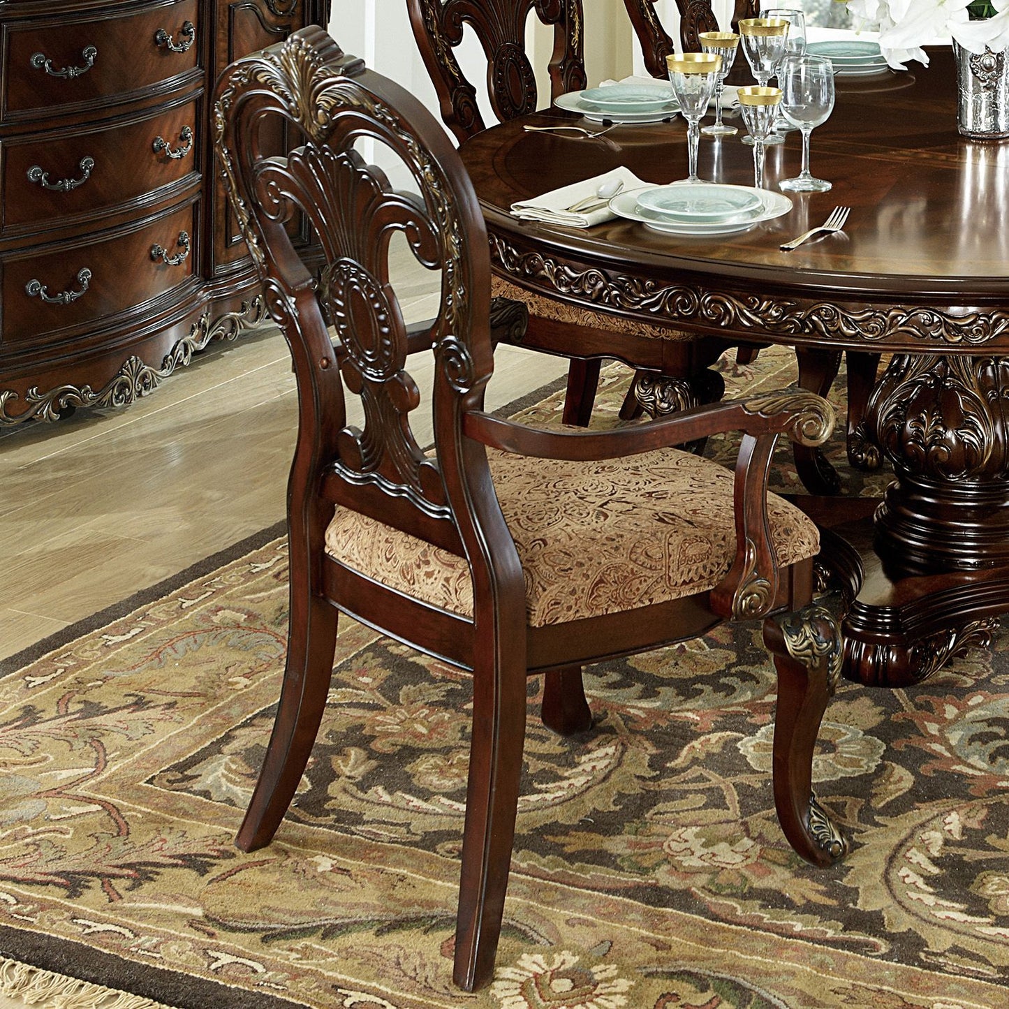 Traditional Formal Armchairs Set of 2 Cherry Finish with Gold Tipping Fabric Upholstery Wooden Dining Room Furniture