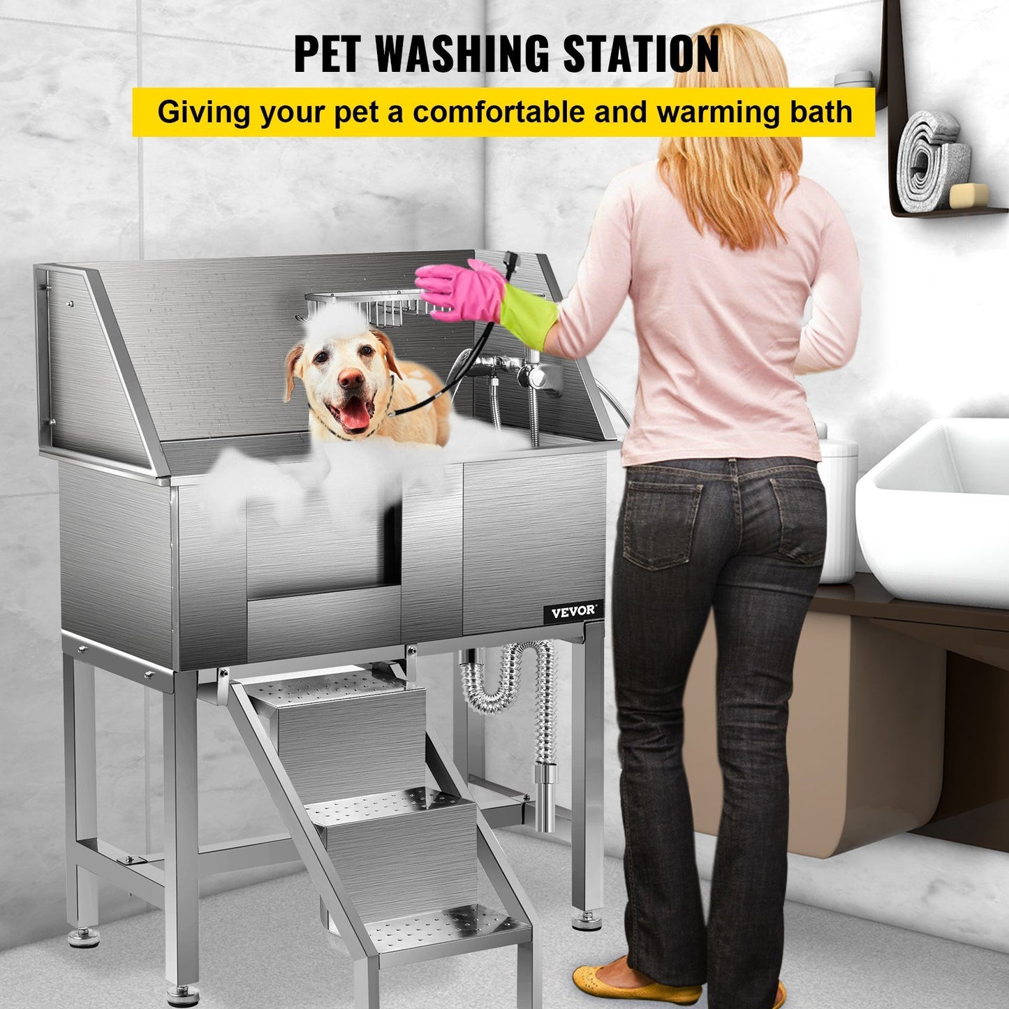 VEVOR 34" Pet Grooming Tub Stainless Steel Dog Wash Station Pet Washing Station and Dog Bath Tub Water-Resistant Grooming Tub for Dogs with Removable Door & Ladder on The Left