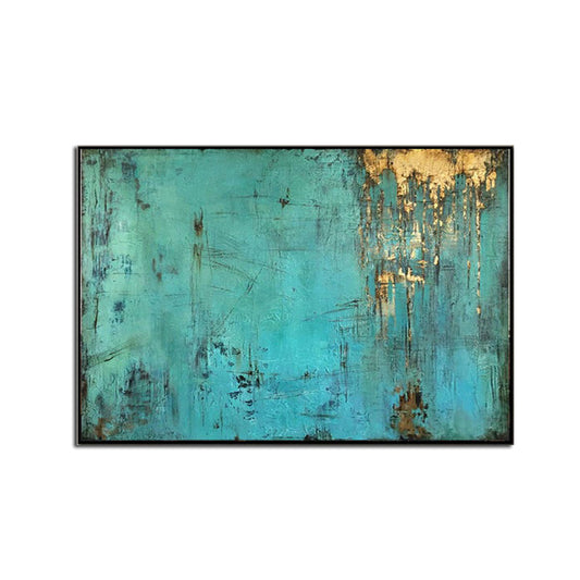 100% Handmade Modern Minimalist Blue Color Gold Foil Abstract Oil Painting on Canvas