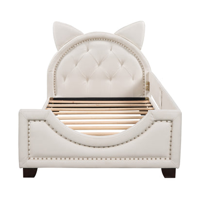 Twin Size Upholstered Daybed with Carton Ears Shaped Headboard, White