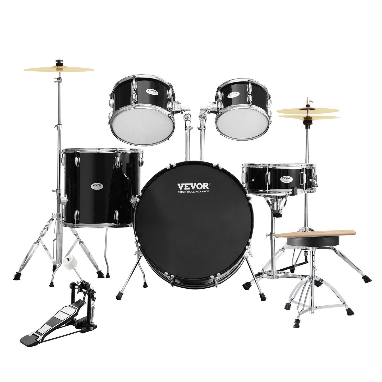 VEVOR Adult Drum Set, 5-Piece, 22 inches Complete Full Size Drum Kit with Bass Toms Snare Floor Drum Adjustable Throne Stands Cymbal Hi-Hat Pedal and Drumsticks, Beginner Drum Kit for Adults, Black