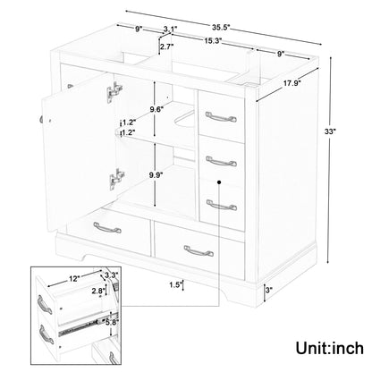 36" Bathroom Vanity without Sink, Cabinet Base Only, Six Drawers, Multi-Functional Drawer Divider, Adjustable Shelf