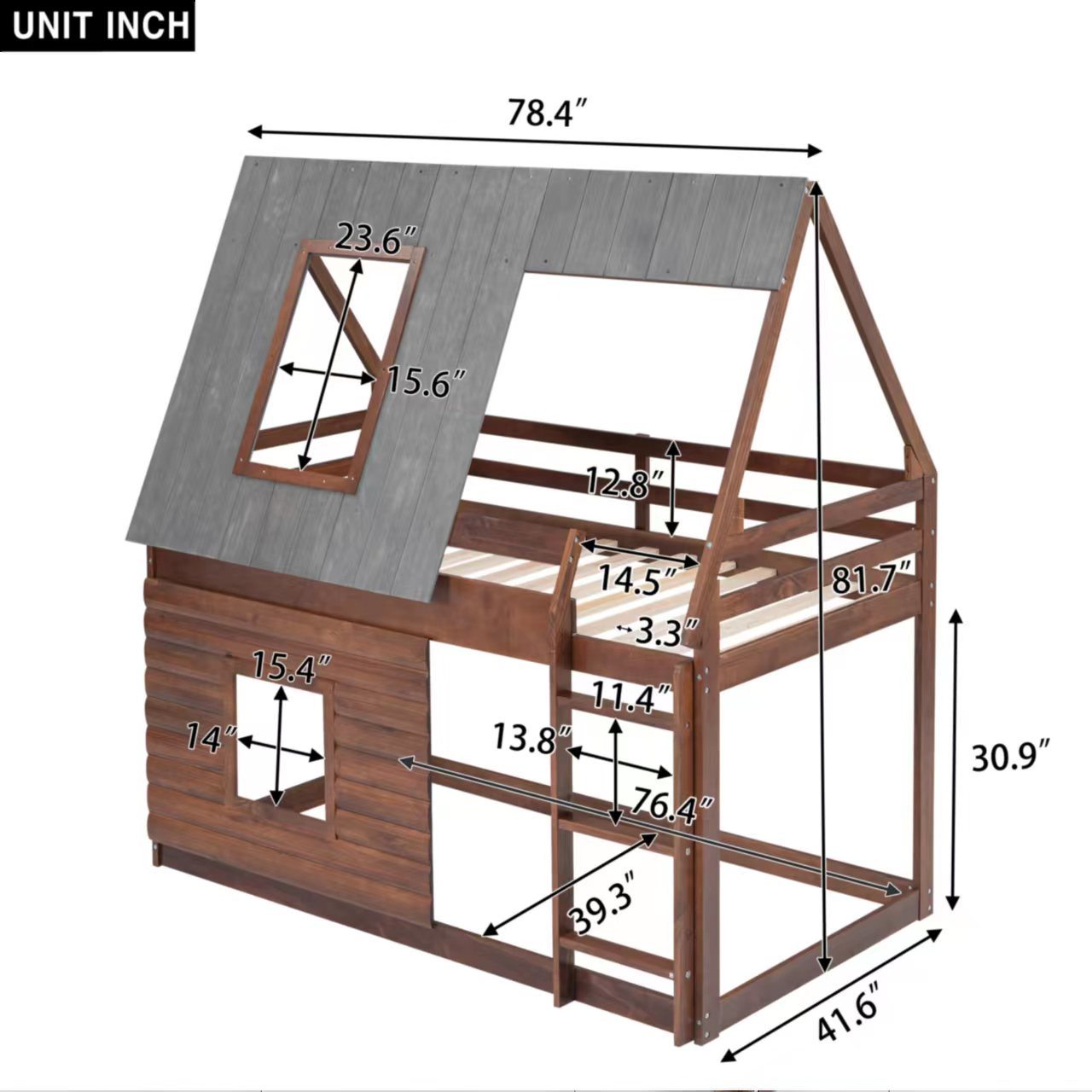 Wood Twin Size House Bunk Bed with Roof, Ladder and 2 Windows, Oak & Smoky Grey