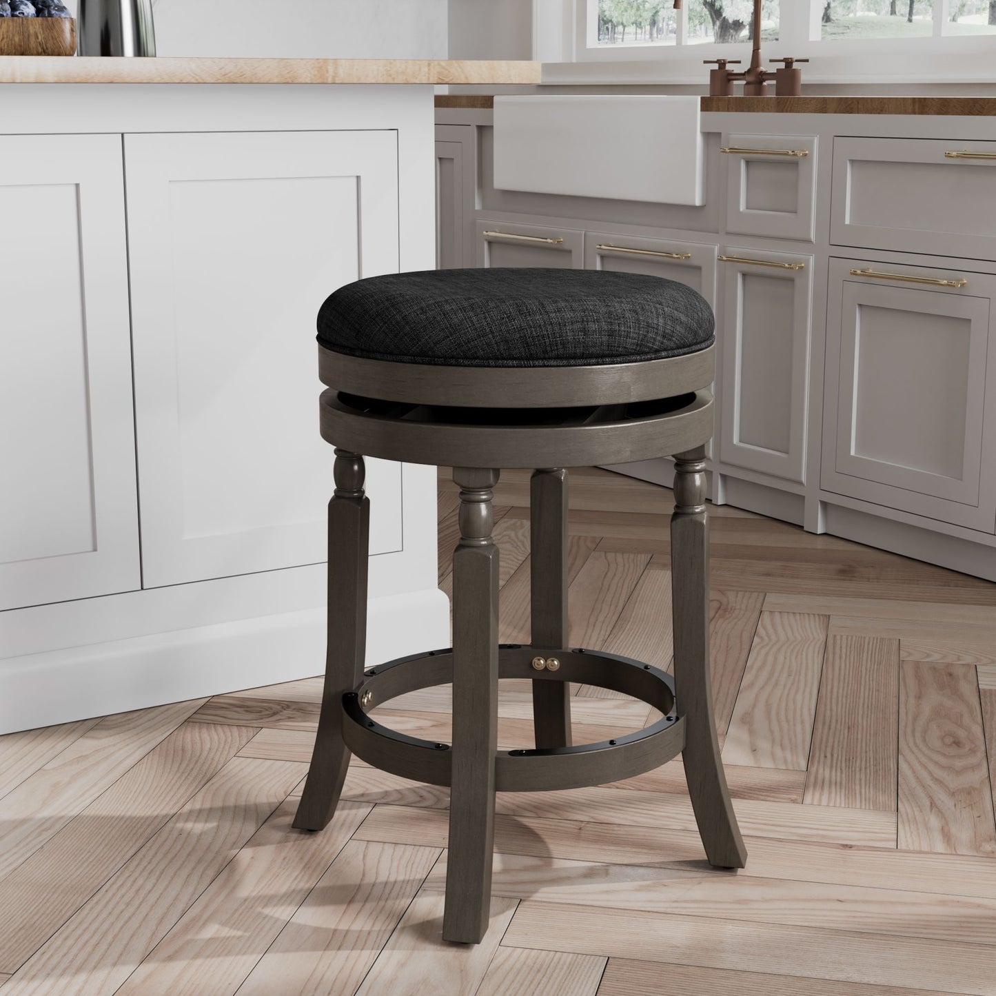 24" Counter Stool, Weathered Gray Finish, Charcoal Fabric Seat